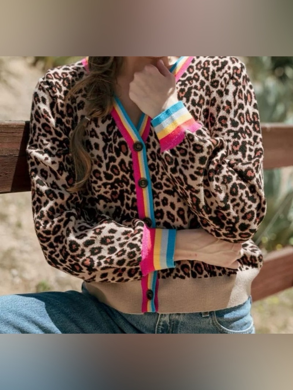 Jodifl Leopard Print V-Neck Cardigan with Rainbow Trim NWT
